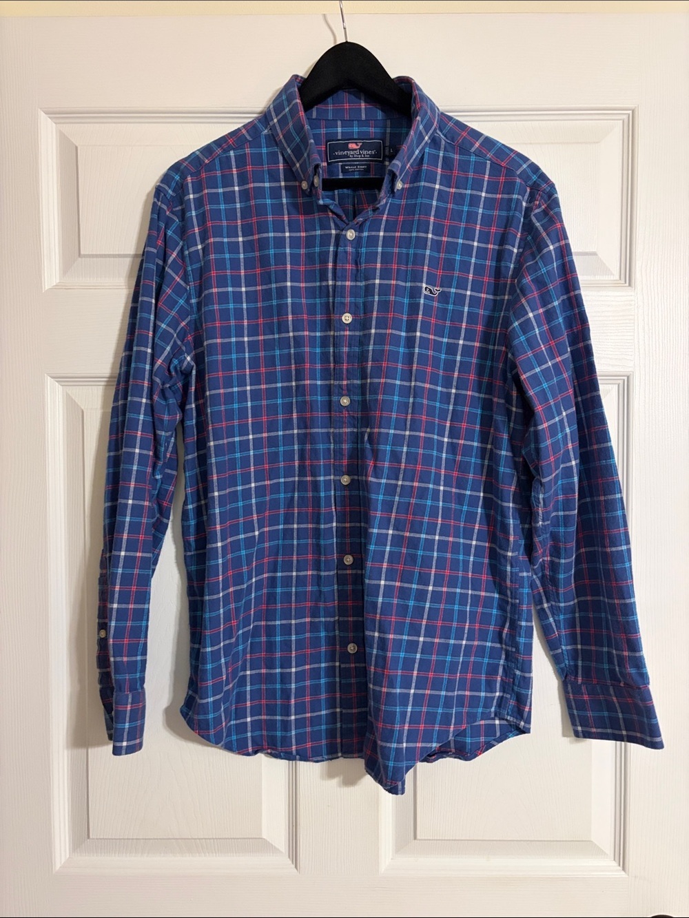 Vineyard Vines Men's Plaid Whale Shirt Blue Pink Cotton Long Sleeve